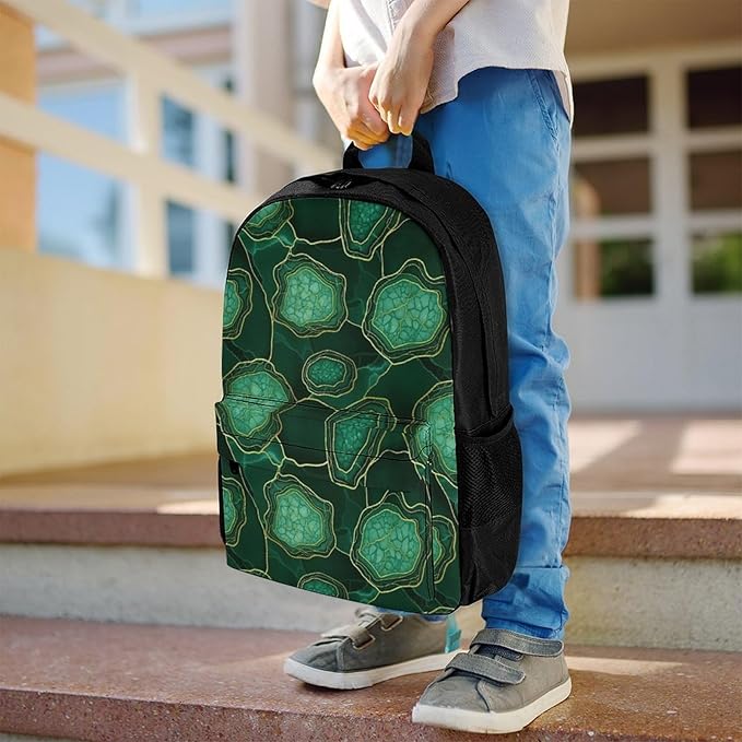 Supdreamc Lightweight Backpack for Gym Travel Bicycle, Big Capacity Multipurpose Anti-Theft Carry On Bag, Emerald Marbled Gold Glitters Green Marble Travel Hiking Bag Day Pack