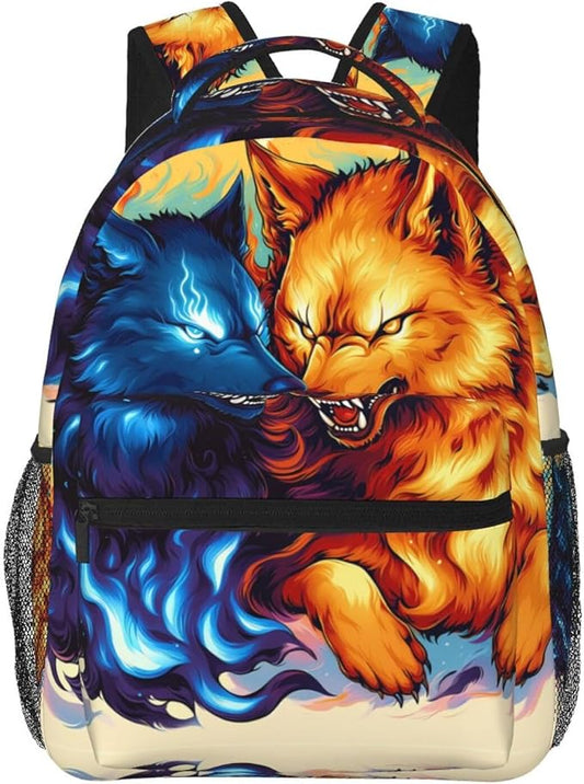 Rucksack Anti-Theft Multipurpose Large Capacity Carry On Bag, Ice And Fire Flaming Cool Wolf Art Travel Hiking Bag Day Pack With Side Pockets