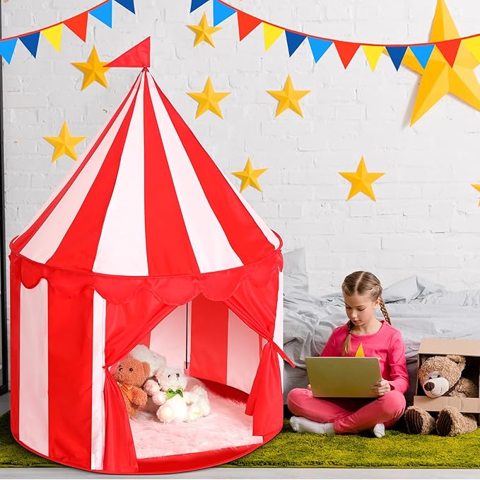 Circus Tent Red Floor Play Circus Tent Large Playhouse Castle for Play and Games Indoor and Outdoor Camping Activity(Red, White)