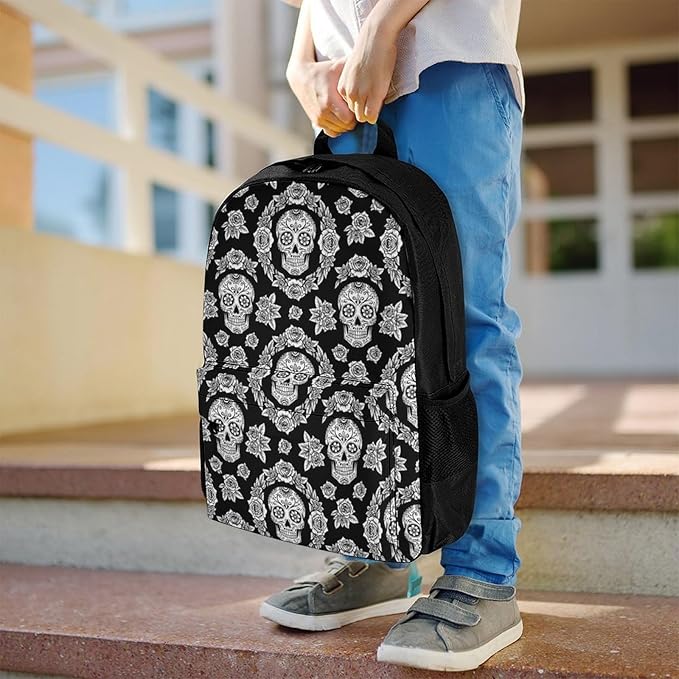 Supdreamc Men Women Lightweight Black And White Floral Day Of The Dead Mexican Sugar Skulls Casual Daypack Large Capacity Bookbag With Adjustable Shoulder Straps for Gym Business Bicycle