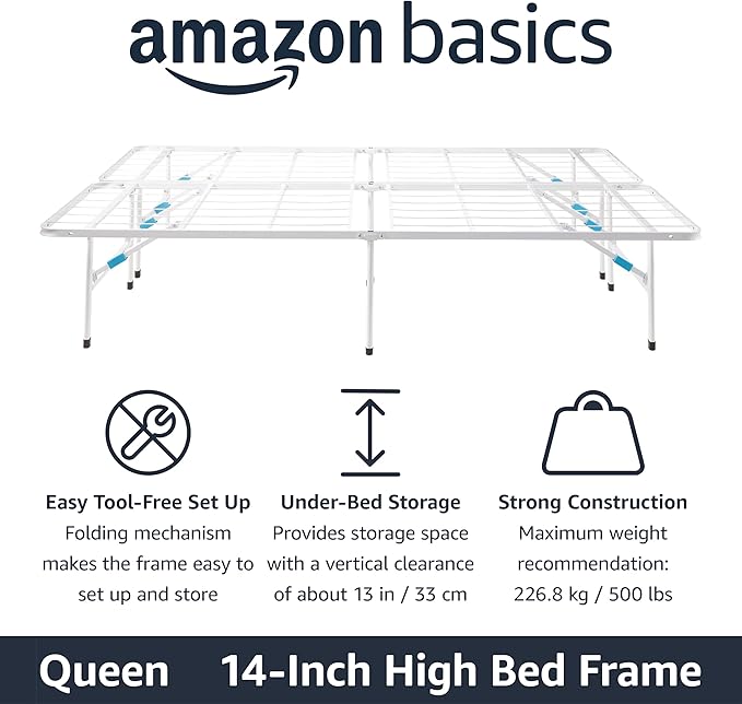 Amazon Basics Platform Bed Frame Queen, Foldable Metal, Tool-Free Setup, 14 Inches High, White
