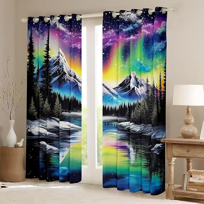 Manfei Northern Lights Window Drapes,Rainbow Starry Sky North Pole Dreamy Blackout Curtains,Snowmountain Pine Trees River Natural Boys Girls Room Decor,Blue Green 2 Panels,42Wx63L inch