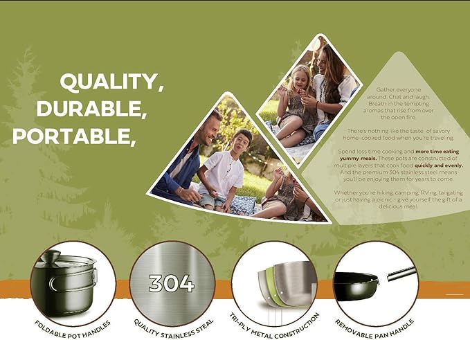 Camping Cookware Set 304 Stainless Steel 8-Piece Pots & Pans Open Fire Cooking Kit | Frying Pan Steamer with Travel Tote Bag | Compact for Outdoors & Indoors Kitchen Campfire Hiking RV