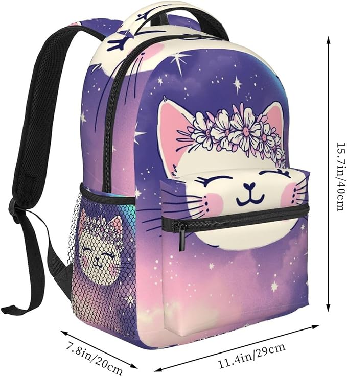 Backpack Multipurpose Anti-Theft Large Capacity Bookbag, Cute Rainbow Cat Face Art Travel Hiking Daypack With Side Pockets