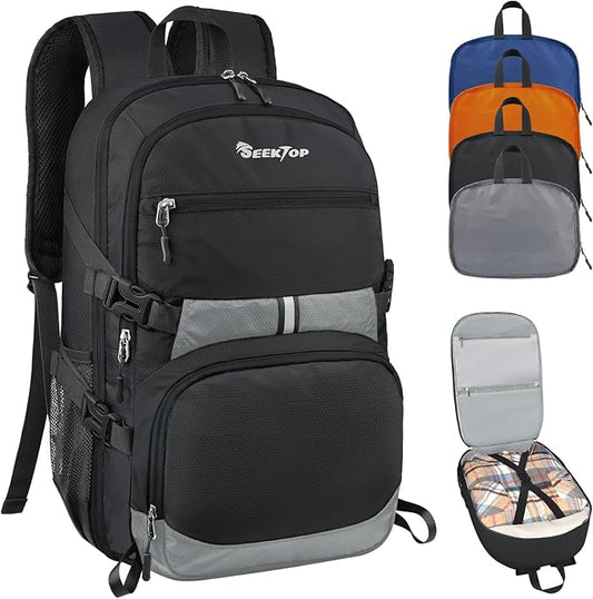 Seektop Lightweight Travel Backpack for Men Women, Multiple Pockets 40L Hiking Backpack Foldable Carry on Backpack for Outdoor Camping Sport Leisure (Black)