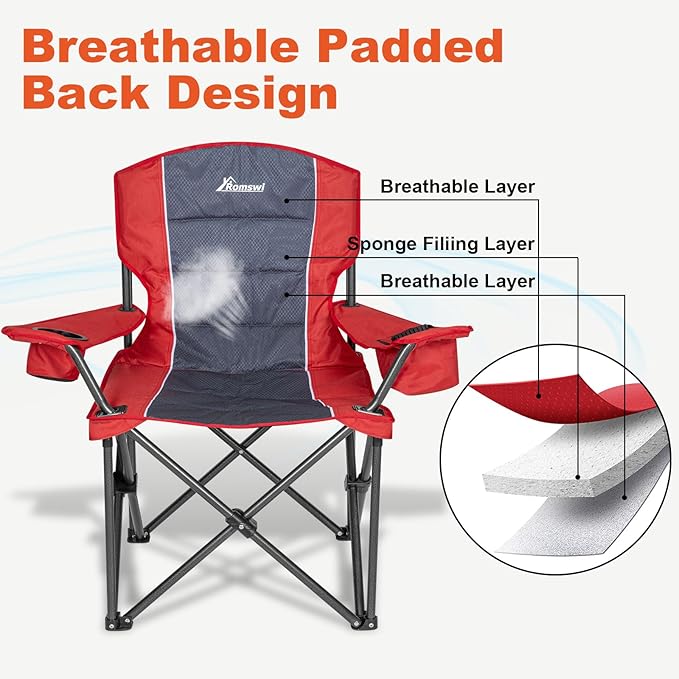 Romswi Oversized Camping Chairs,Heavy Duty Support 500 LBS,Padded Back & Arm Sport Chairs, Cup Holder Cooler Bag, Collapsible Folding Chairs for Outdoor, Fishing & Garden, Red,2-Pack
