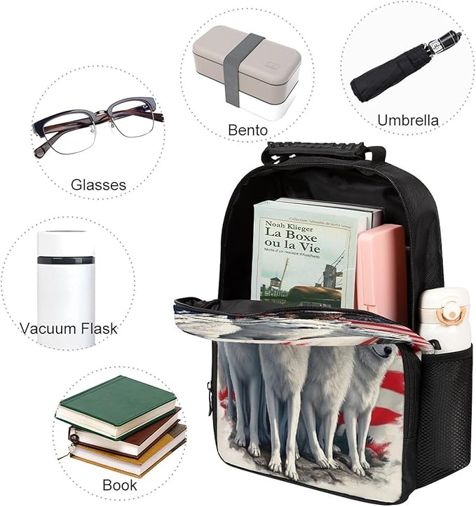 Rucksacks Polyester Anti-Theft Multipurpose American Flag Eagles Wolf Art Carry On Bag Large Capacity Gym Outdoor Hiking Backpack With Smooth Zippers