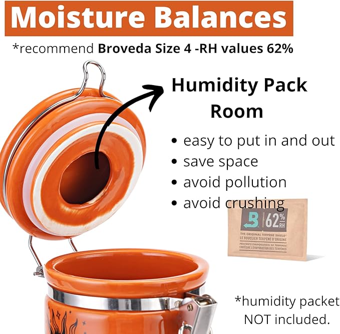 Sun Moon Stash Container Half Oz (250ml), Ceramic Cute Stash Jar Containers w/Clamp Lid, Mystical Celestial Aesthetic Decorative Jar Storage - Double Sealed Airtight Herbs Fresh Jar -Orange