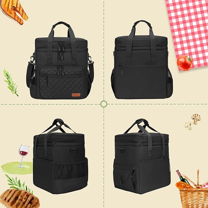 31L Large Insulated Cooler Bag for Men or Women, Double Layer Soft Cooler Bag for Picnic, Camping, Beach, Travel, Food & Drinks, Black