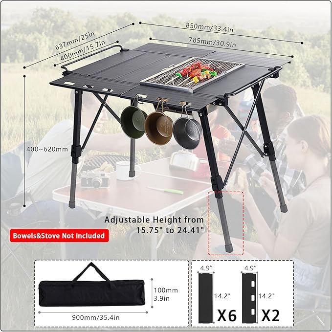 IGT Camping Table with Extended Frames, Portable and Foldable Outdoor IGT Camp Tables, Ultralight Height Adjustable Camp Table with Carry Bag for Car Camping Picnic RV Trip Patio Backyard