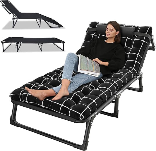 Cots for Sleeping with Mattress, Adjustable 4-Position Adults Folding Camping Cot with Pillow, Outdoor Lounge Chair, Sleeping Cots for Outside, Sunbathing, Camping, Pool, Beach, Patio Black