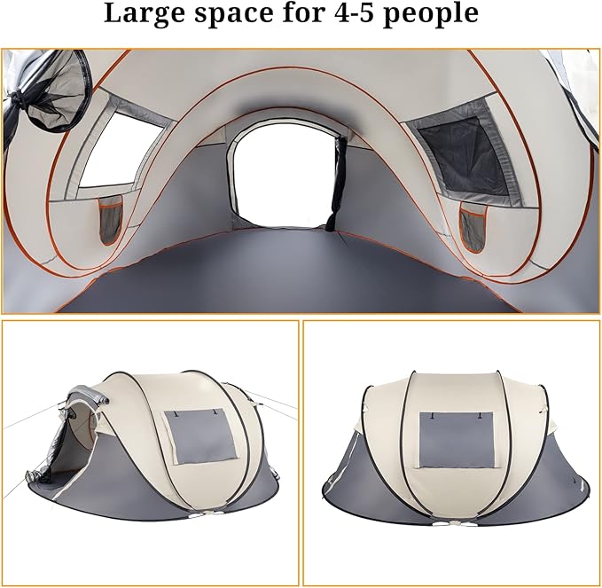 4-Person Pop Up Camping Tent, Waterproof & Windproof, Instant Setup with Windows & Ventilation, Beige and Gray, Lightweight Portable for Family Camping, Hiking, and Backpacking