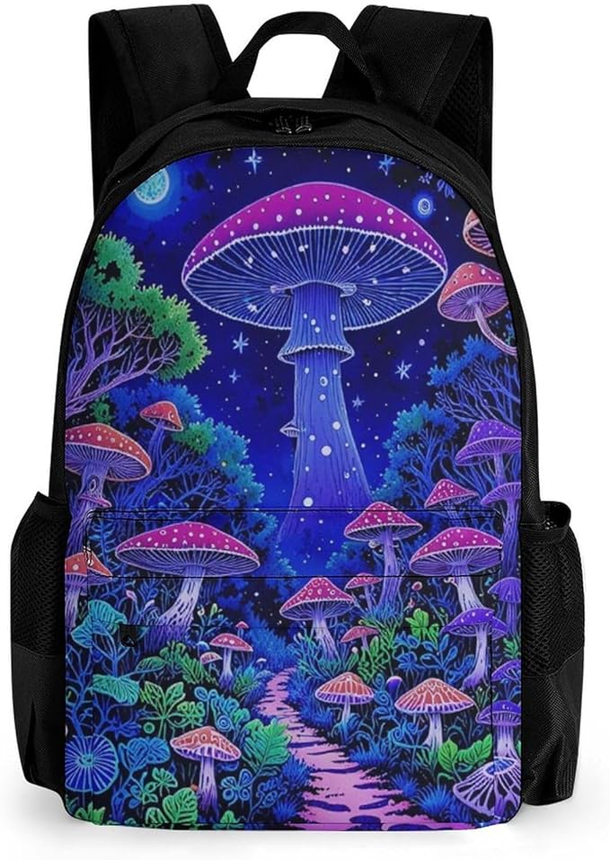 Supdreamc Rucksack Polyester Anti-Theft Multipurpose Magic Mushroom Neon Purple Pattern Bookbag Big Capacity Travel and Sport Backpack Rucksack With Side Pockets