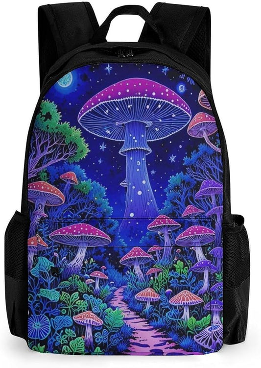 Supdreamc Rucksack Polyester Anti-Theft Multipurpose Magic Mushroom Neon Purple Pattern Bookbag Big Capacity Travel and Sport Backpack Rucksack With Side Pockets
