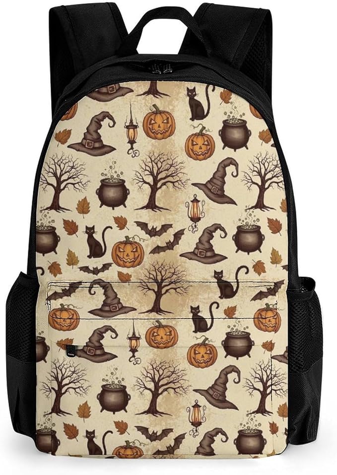Lightweight Daypack Bookbag for Trekking Business Walking Cycling, Big Capacity Anti-Theft Multipurpose Carry On Bag, Black Cat Bat Pumpkin Skull Business Computer Bag