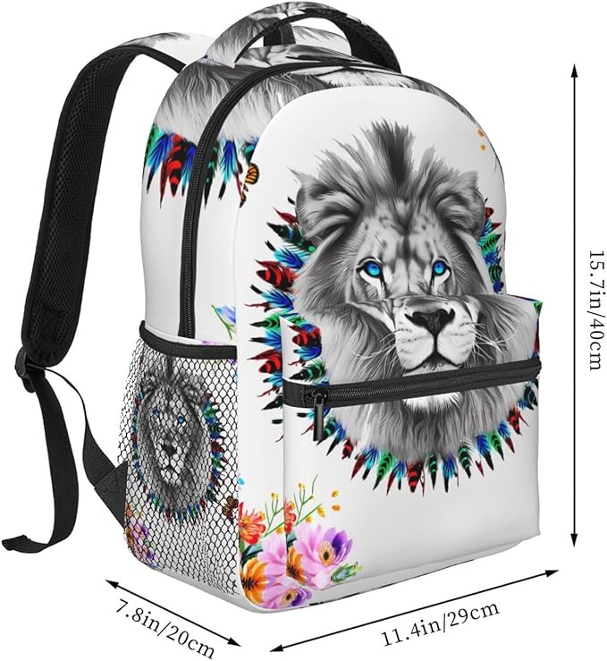 Rucksack Multipurpose Anti-Theft Big Capacity Shoulder Bag, Lion Feather Flower Butterflies Art Travel Hiking Camping Rucksack With Side Pockets