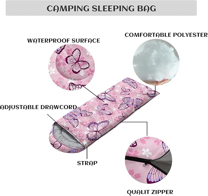 Sleeping Bags for Adults and Kids，3D Printing Camping Sleeping Bag for Girls Boys Lightweight Waterproof Cold/Warm 3-Season，Outdoor Travel with Compression Bags
