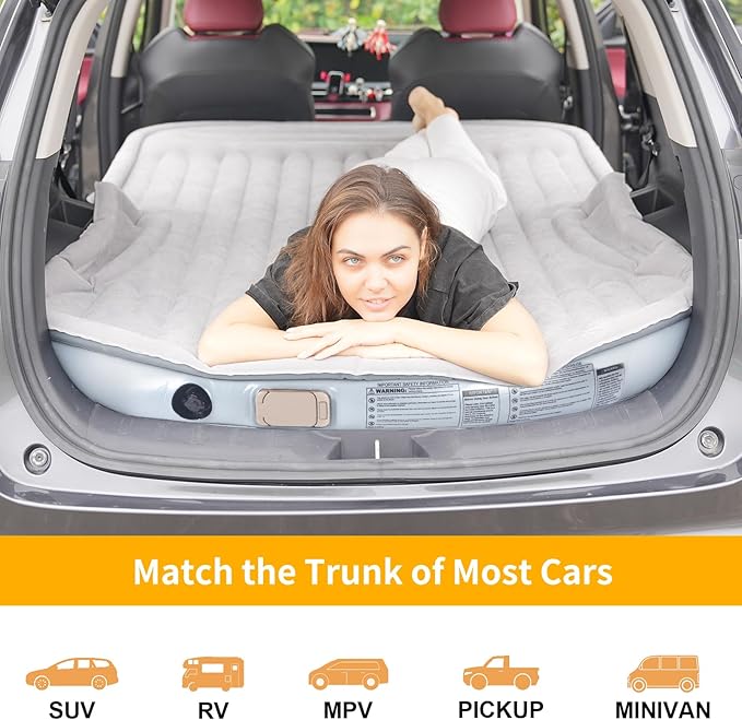 KMZ Portable SUV Air Mattress - Built-in Electric Pump for Fast Inflation - Soft Flocked Surface Car Bed - Ideal for Road Trips & Outdoor Camping - Grey