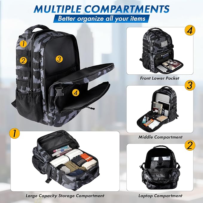 PLUSINNO Tactical Backpack, 40L Water Resistant Military Backpack, gym backpack for men, Laptop Backpack, Large MOLLE Tactical Bag, 3-Day Bug Out Bag For Work Camping, Hiking with Molle System