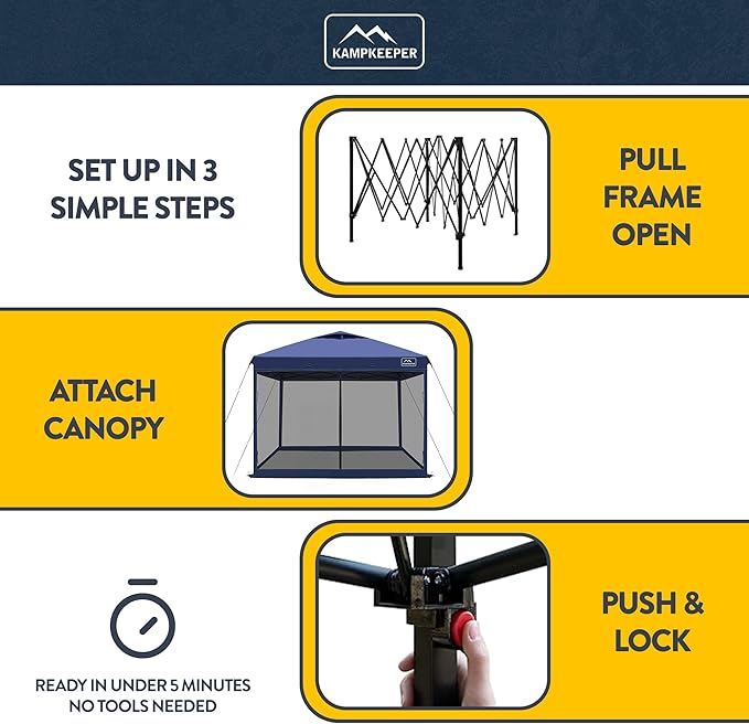 KAMPKEEPER 10x10 Pop-Up Canopy Tent, Waterproof Portable Shade with Screen Walls, Adjustable Instant Outdoor Shelter for Camping, Backyard, and Events, Navy Blue