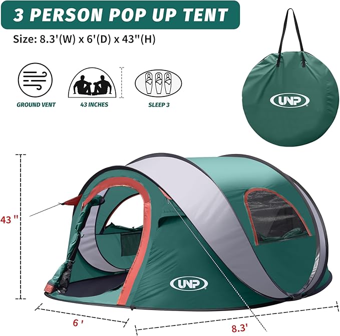 Pop-up Tent, 3 Person Camping Tent, Instant Portable Beach Tent, Easy Pop Up Shade Tents 2 Doors for Camping Hiking & Traveling with Carrying Bag