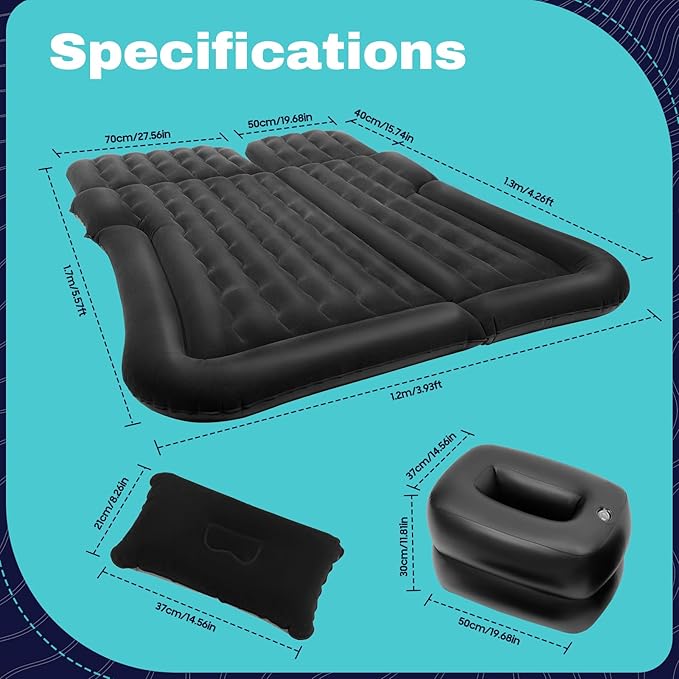 Inflatable Car Thick Air Mattress Rear Seat Inflatable Bed, SUV Inflatable Bed w/Inflatable Pump and Pillow, Foldable Design, Suitable for Camping and Car Travel