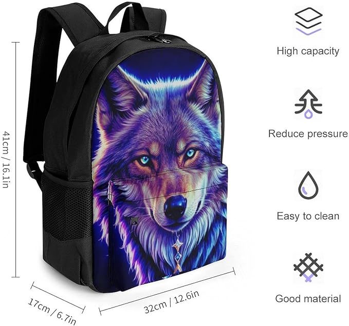 Rucksack Multipurpose Anti-Theft Big Capacity Shoulder Bag, Blue Universe Galaxy Magic Wolf In The Space Travel Hiking Camping Rucksack With Side Pockets