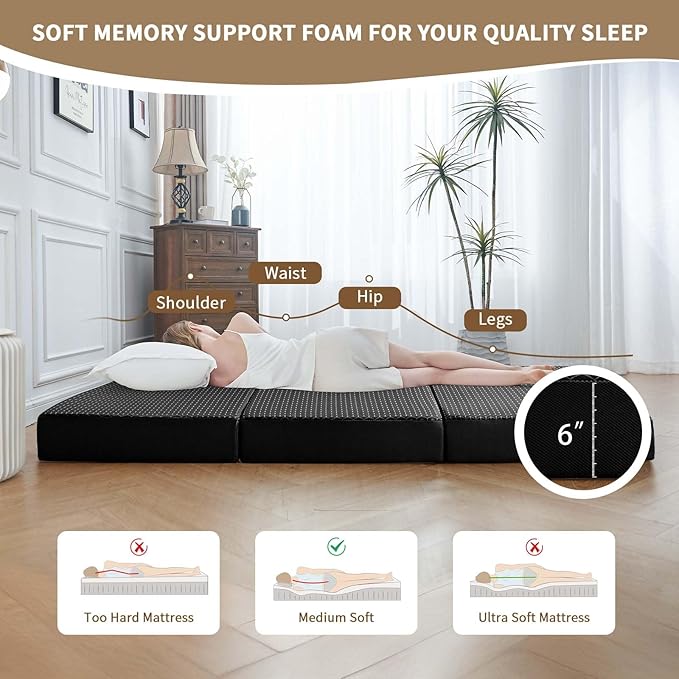 CYMULA Folding Mattress Full Size, 6 inch Memory Foam Tri Portable Murphy Bed and Futon, Full Topper with Breathable & Washable Cover, Foldable Floor Mattress for RV，Guest Beds，Black (52"×73"×6")