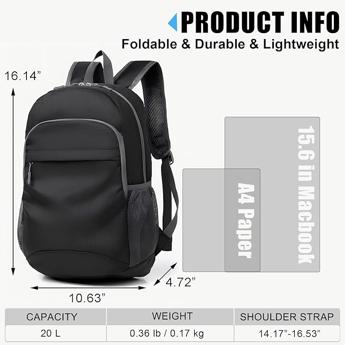 20L Hiking Backpack Foldable Small Camping Pack for Men Women Outdoor Travel Waterproof Daypack Lightweight Shoulder Bag Black (Black)