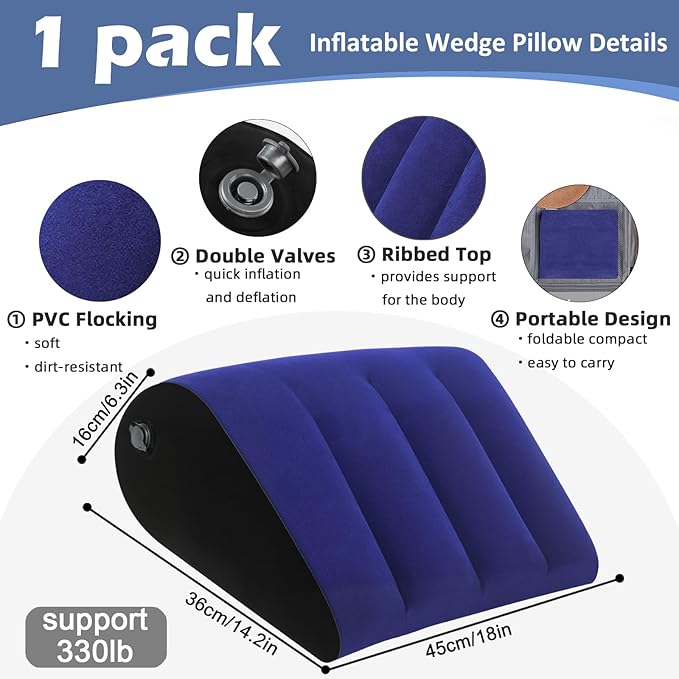 Portable Wedge Pillow Inflatable Cushion - Body Positioners Lightweight Wedge Pillow for Sleeping, Leg Elevation, Use in Bed, Travel, Camping, Fast Inflating Deflation (Blue)