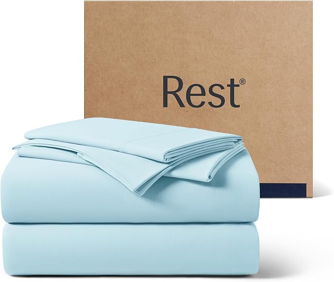 REST® Evercool®+ Cooling Sheet Set, Queen Size, Light Blue, Breathable Bed Sheets for Hot Sleeper and Night Sweats, with Pillowcases, with Ionic+ Self-Cleaning Silver Yarn for Sensitive Skin, 4PCS