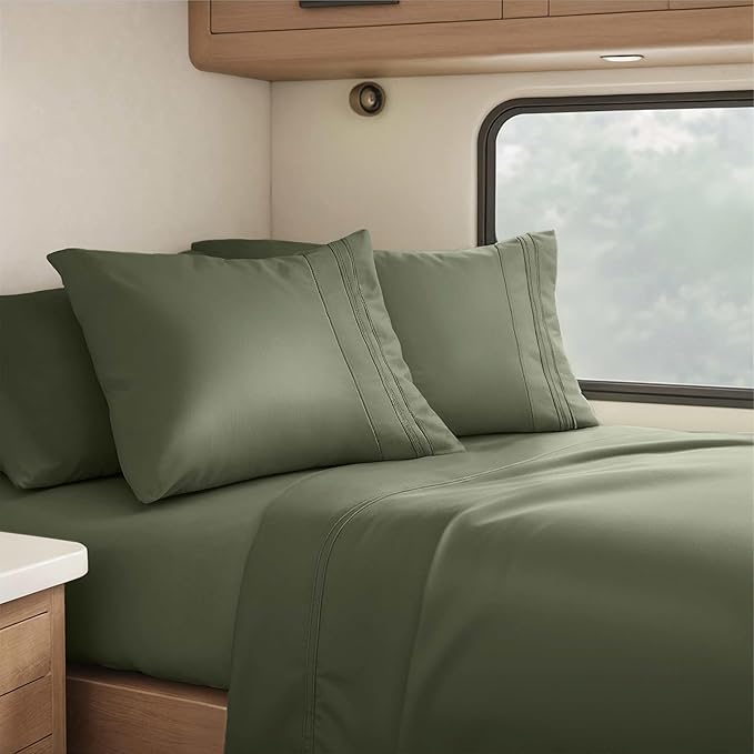 Hearth & Harbor Short Queen Sheets for RV, Olive Green RV Queen Sheets, Silky Soft 1800 Microfiber Bed Sheet for Camper, 4 Piece RV Bedding with Pillowcases