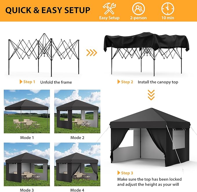 10X10 Pop Up Canopy Tent with 4 Sidewalls, Heavy Duty Commercial Instant Shelter, One-Person Quick Setup Outdoor Party Tent, Water-Resistant & Portable for Outdoor Events, Camping, Black