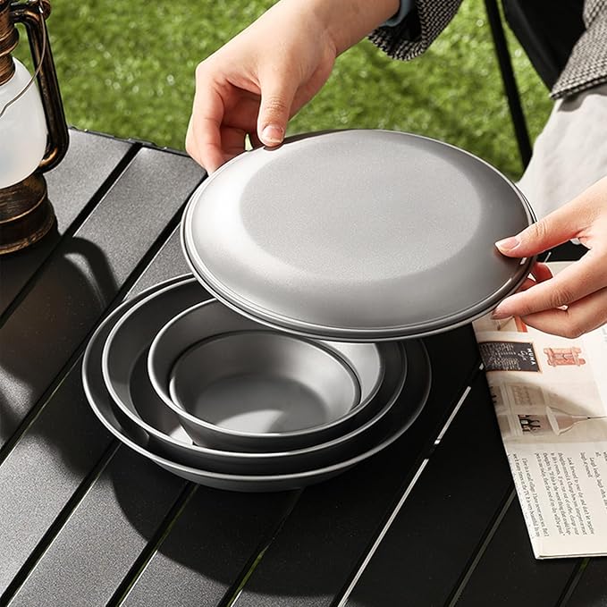 Pure Titanium Camping Plate 8.58 inch Ultralight Metal Dish Plate Outdoor Tableware