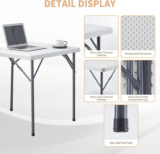BOOSDEN 32 Inch Square Folding Table, Lightweight Folding Card Table, Indoor Outdoor Portable Utility Foldable Tables, Collapsible Legs Plastic Table for Puzzles Game Crafting Camping Picnic Party