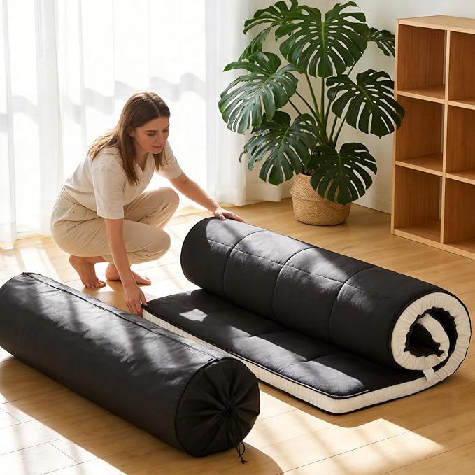 Tiita Queen Memory Foam Mattress Topper, 4" Thicken Futon Floor Mattress with Storage Bag and 2 Straps, Portable Roll Up Travel Car Camping Mattress Sleeping Pad, Black