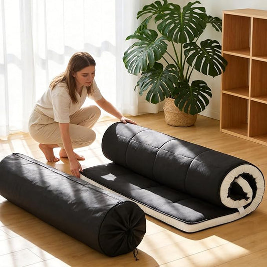 Tiita Queen Memory Foam Mattress Topper, 4" Thicken Futon Floor Mattress with Storage Bag and 2 Straps, Portable Roll Up Travel Car Camping Mattress Sleeping Pad, Black