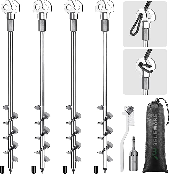SELEWARE 4 Pack Trampoline Stakes Heavy Duty Ground Anchors High Wind Trampoline Stakes Anchors Spiral Earth Anchors for Secure Animals Trampolines Tents Shed Swing Set Mobile Homes Carport