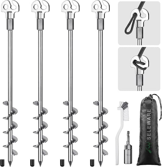SELEWARE 4 Pack Trampoline Stakes Heavy Duty Ground Anchors High Wind Trampoline Stakes Anchors Spiral Earth Anchors for Secure Animals Trampolines Tents Shed Swing Set Mobile Homes Carport