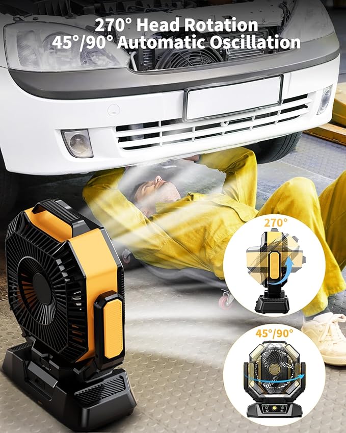 coldSky 𝟰𝟬𝟬𝟬𝟬𝗺𝗔𝗵 Camping Fan, Battery Operated with 4 LED Light, 8 Speeds DeskFan with Remote, Portable Rechargeable Outdoor Fan with Hook for Tent, Power Outages Yellow