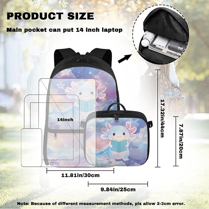 HUGS IDEA Axolotl Backpacks for Girls 4-6 Schoolbag with Lunch Box Cute Preschool Book Bags Student Hiking Camping Rucksack Daycare Bags Mochilas Para NiñA
