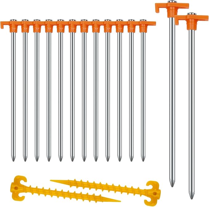 Tent Stakes Heavy Duty Camping Stakes,AVOFOREST 7.1/9.8inch Non-Rust Metal Tent Pegs Ground Stakes Tent Spikes Camping,Garden,Hiking Green/Orange/Black (Orange 12+2pcs, 10IN)