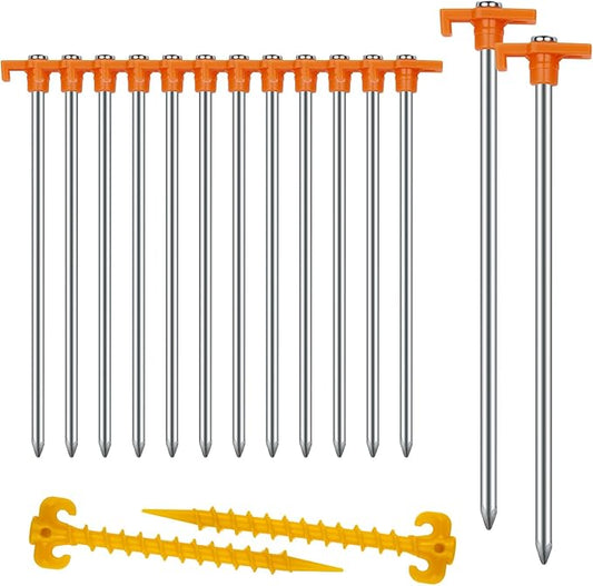 Tent Stakes Heavy Duty Camping Stakes,AVOFOREST 7.1/9.8inch Non-Rust Metal Tent Pegs Ground Stakes Tent Spikes Camping,Garden,Hiking Green/Orange/Black (Orange 12+2pcs, 10IN)