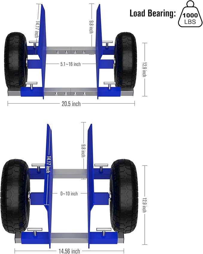 Blue Heavy Duty Panel Dolly, Adjustable Width Door Dollys with Wheels, 9.3" Solid Rubber Tires and 2 Spare Pole, All-Terrain Movement for Heavy Drywall Sheet & Door Material, 1000LBS