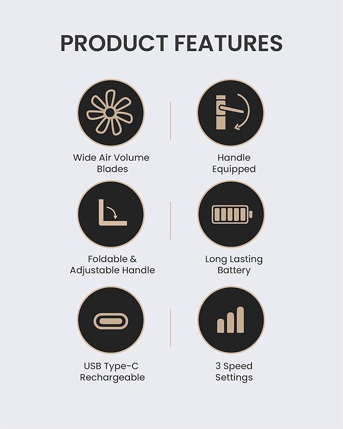 Claymore Handy A (Gray) Portable Handheld Fan – BLDC Motor Foldable, 4,900mAh Rechargeable, USB-C Charging, 3 Speed Settings Function Personal Fan for Travel, Outdoor & Indoor Use.