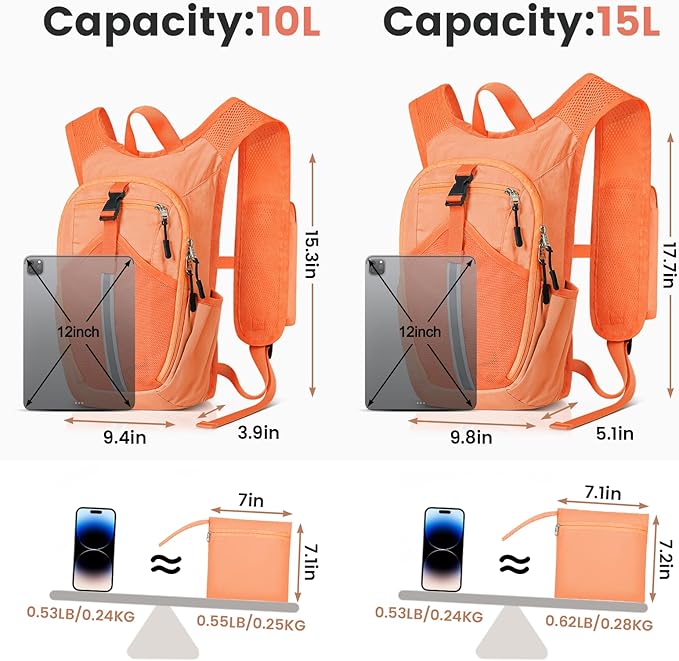 Small Hiking Backpack 10L-Lightweight Packable Foldable Backpack for Travel Camping Outdoor Commute,Compact Rucksack for Women Men(Orange)