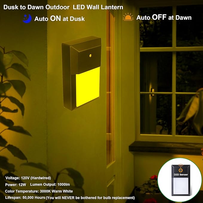 LIT-PaTH Dusk to Dawn Outdoor Wall Lantern, LED Wall Sconce for Porch Lighting Fixture, 3000K 12W 1000 Lumens, Aluminum Housing Plus PC, Black Finish, 1-Pack