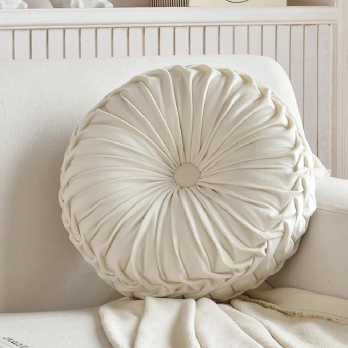 2 Pcs Round Throw Pillows Decorative Pumpkin Velvet Boho Pleated Bed Pillows Back Support for Couch Chair Dorm Car 14.96'' (Beige)