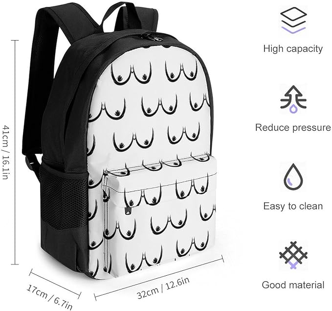 Shoulder Book Bags Polyester Multipurpose Anti-Theft Boobs Breasts Pattern Print White Carry On Bag Large Capacity Travel Hiking Camping Rucksack