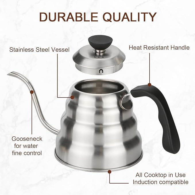 GreatChef Premium Coffee Grooseneck Kettle Stainless Steel - 40 Oz / 1.27 Quarts / 1.2 L / 5 Cup - Perfect Pouring Over for Coffee Drip or Tea Brewing All Stovetop Compatible